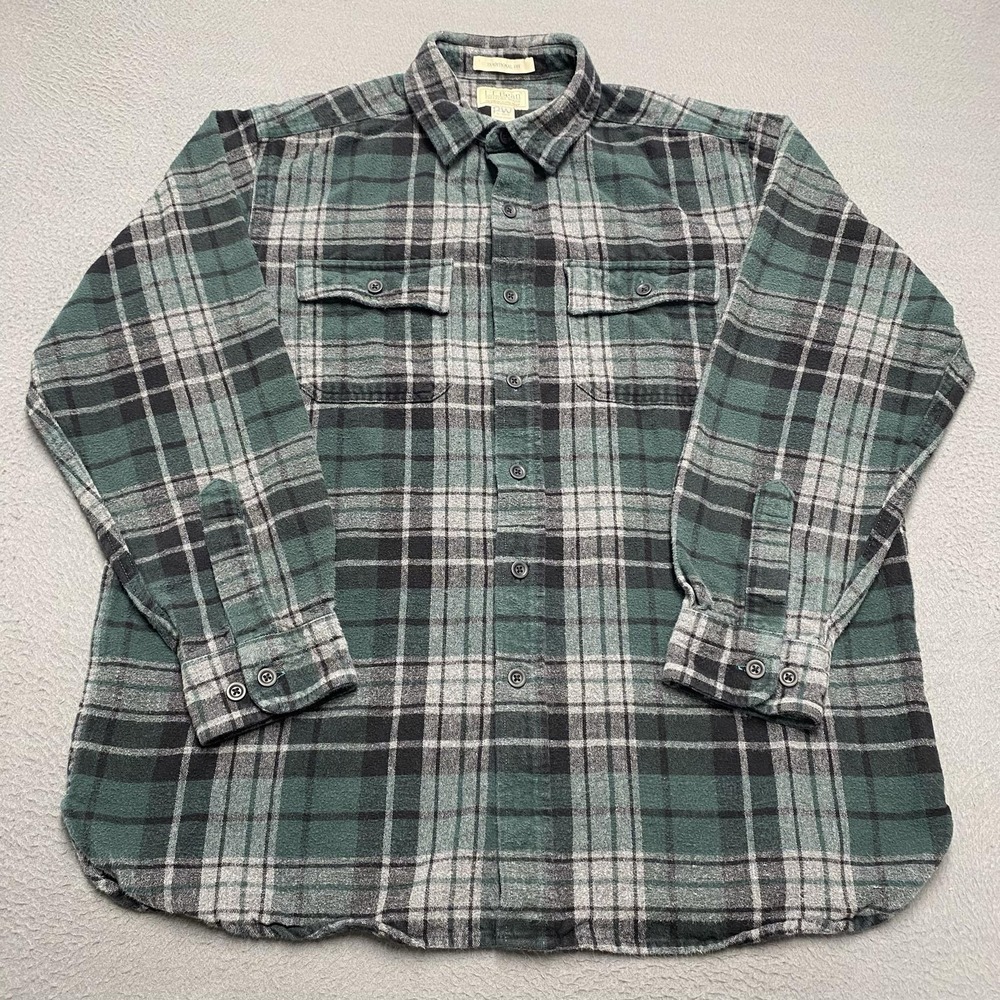 L.L. Bean Shirt‎ Mens L Green Plaid Flannel Long Sleeve Button Up Chamois Casual
